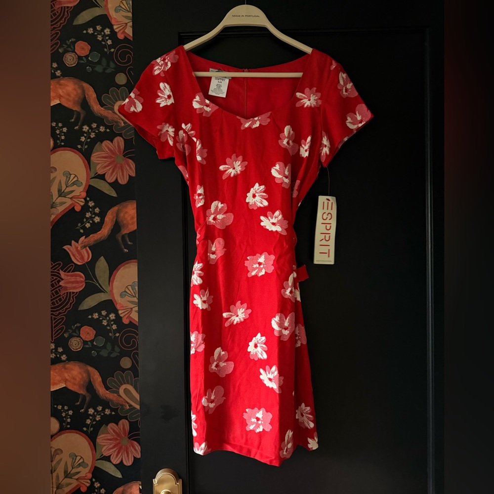 NWT Vintage Esprit Dress 90s Red Floral Tie Waist 5/6 XS Short 1990s New